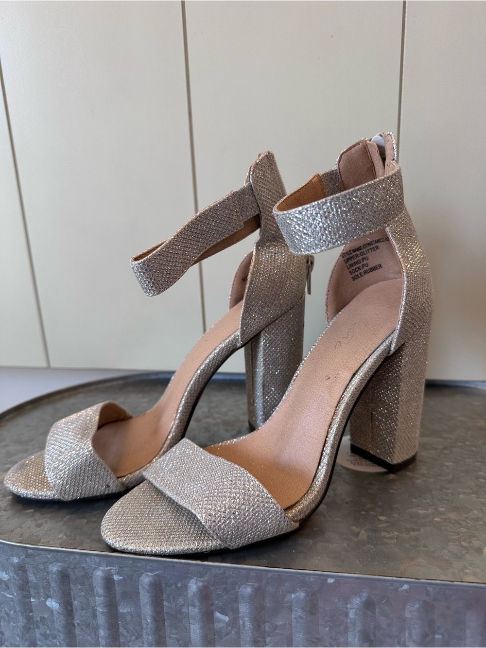 Glitter Block Heel Ankle-Strap Sandals in Silver
